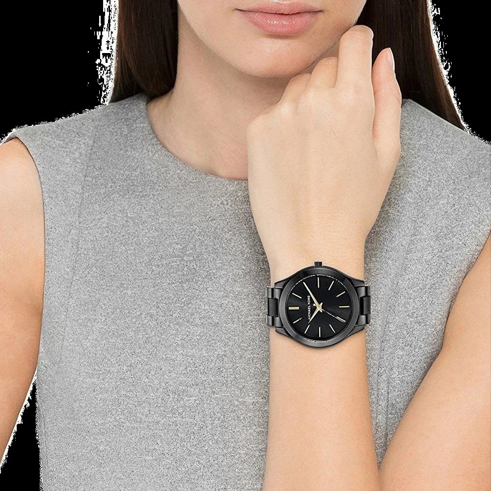 Lunette boîtier Michael Kors MK3221 ronde en acier noir PVD, verre minéral, fond lisse, étanche 50m avec couronne crantée