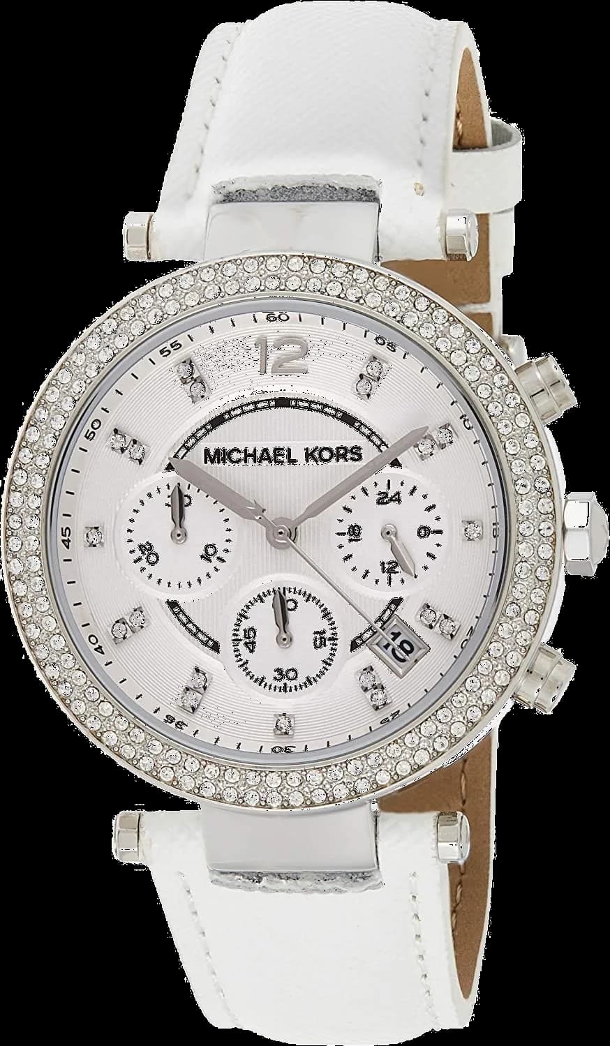 Montre Femme Michael Kors MK2277 - Cadran Blanc, Bracelet Cuir Blanc, Lunette Cristaux
