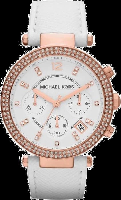 Montre Femme Michael Kors MK2281 Parker - Chronographe Or Rose, Cadran Blanc et Bracelet Cuir Blanc