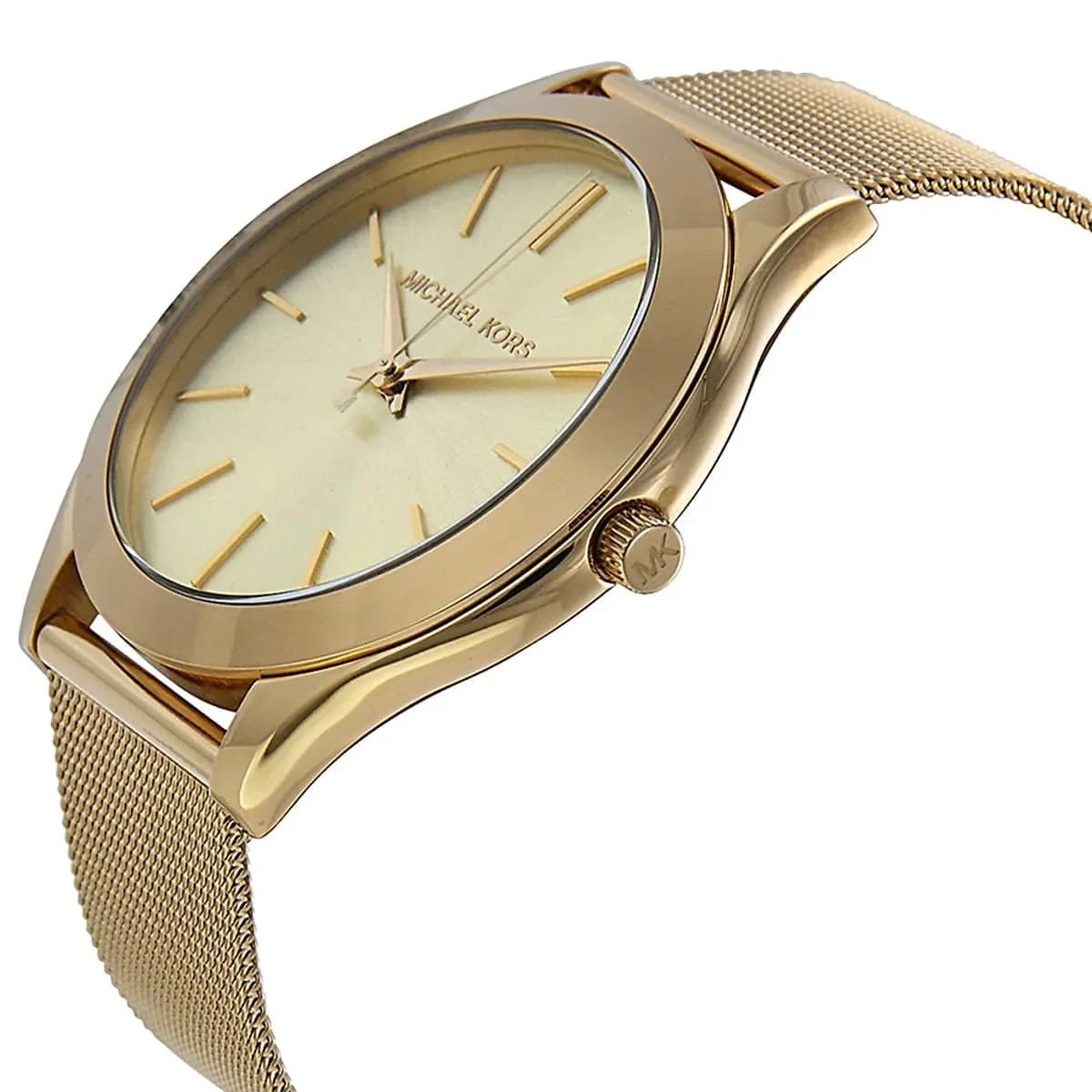 Visage cadran Michael Kors MK3282 arbore index bâtons et aiguilles dorés, mouvement quartz précis