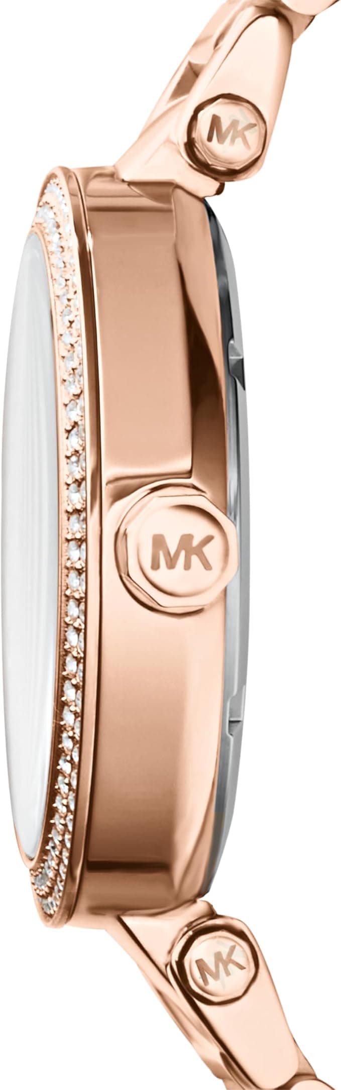 Visage cadran Michael Kors MK5865 avec index appliqués en cristaux scintillants et aiguilles à facettes en acier or rose