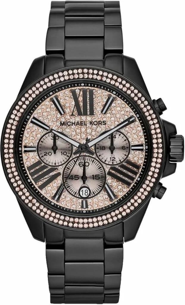 Montre Femme Michael Kors MK5879 Cadran Fuchsia Pailleté, Lunette Cristaux, Bracelet Acier Noir