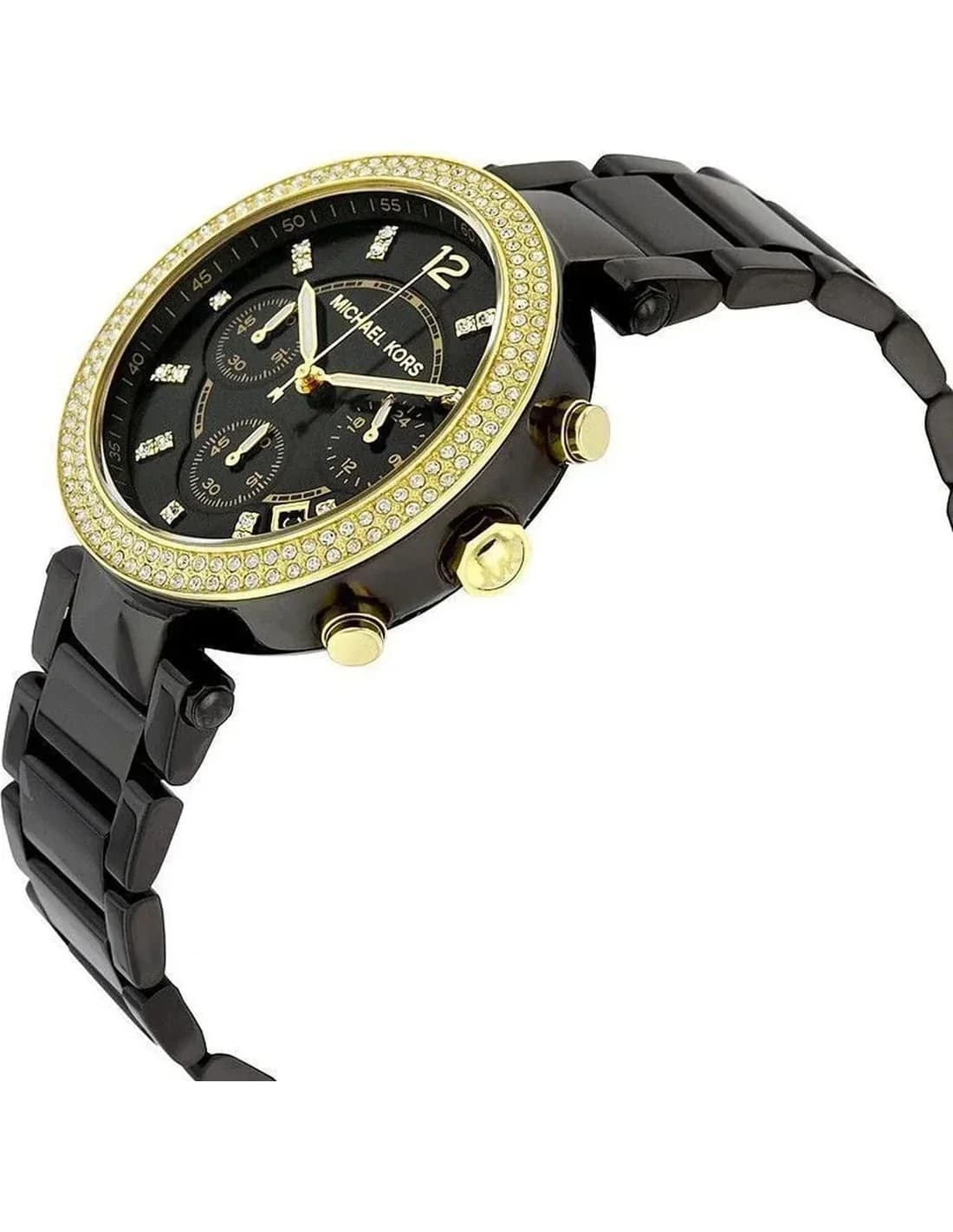 Visage cadran Michael Kors MK6107 dévoile compteurs chrono à 3h, 6h et 9h, date à 4h30, aiguilles luminescentes