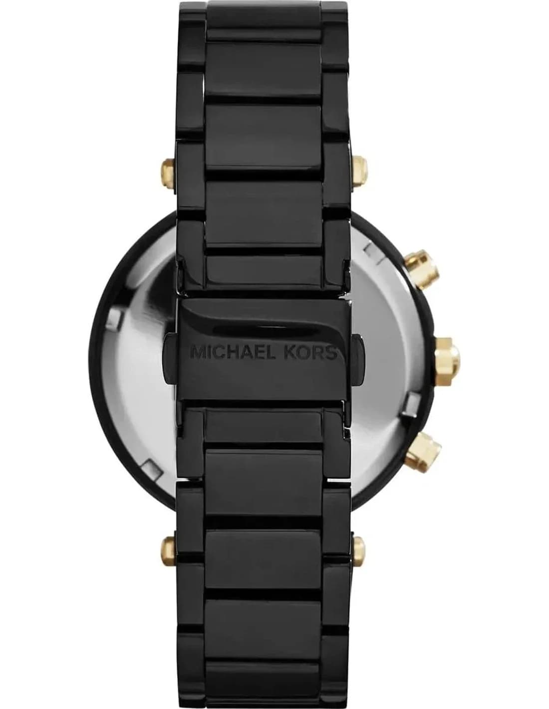 Attache bracelet Michael Kors MK6107 en acier noir PVD, maillons polis et satinés, fermoir déployant triple bouton-poussoir