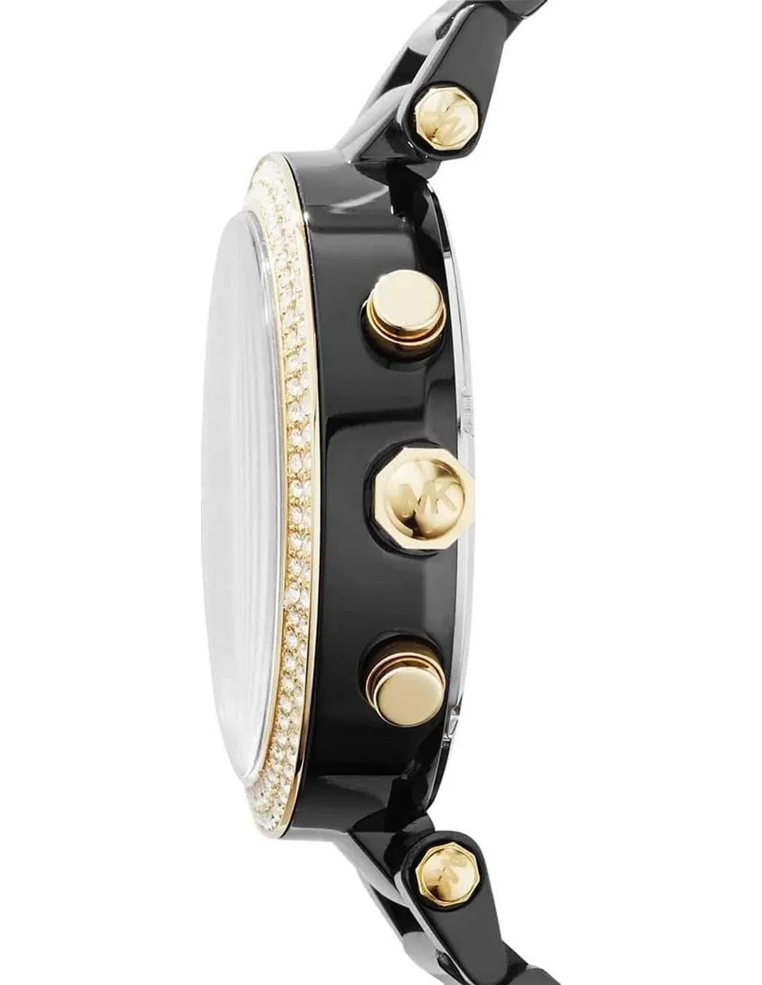 Lunette boîtier Michael Kors MK6107 en acier noir PVD 42mm, lunette fixe lisse, verre minéral, fond vissé, étanchéité 100m