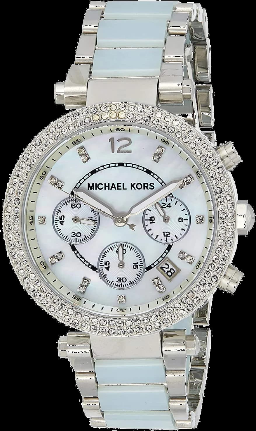 Montre Femme Michael Kors MK6138 Parker - Cadran Nacre, Bracelet Bi-matière Acier et Bleu, Chronographe