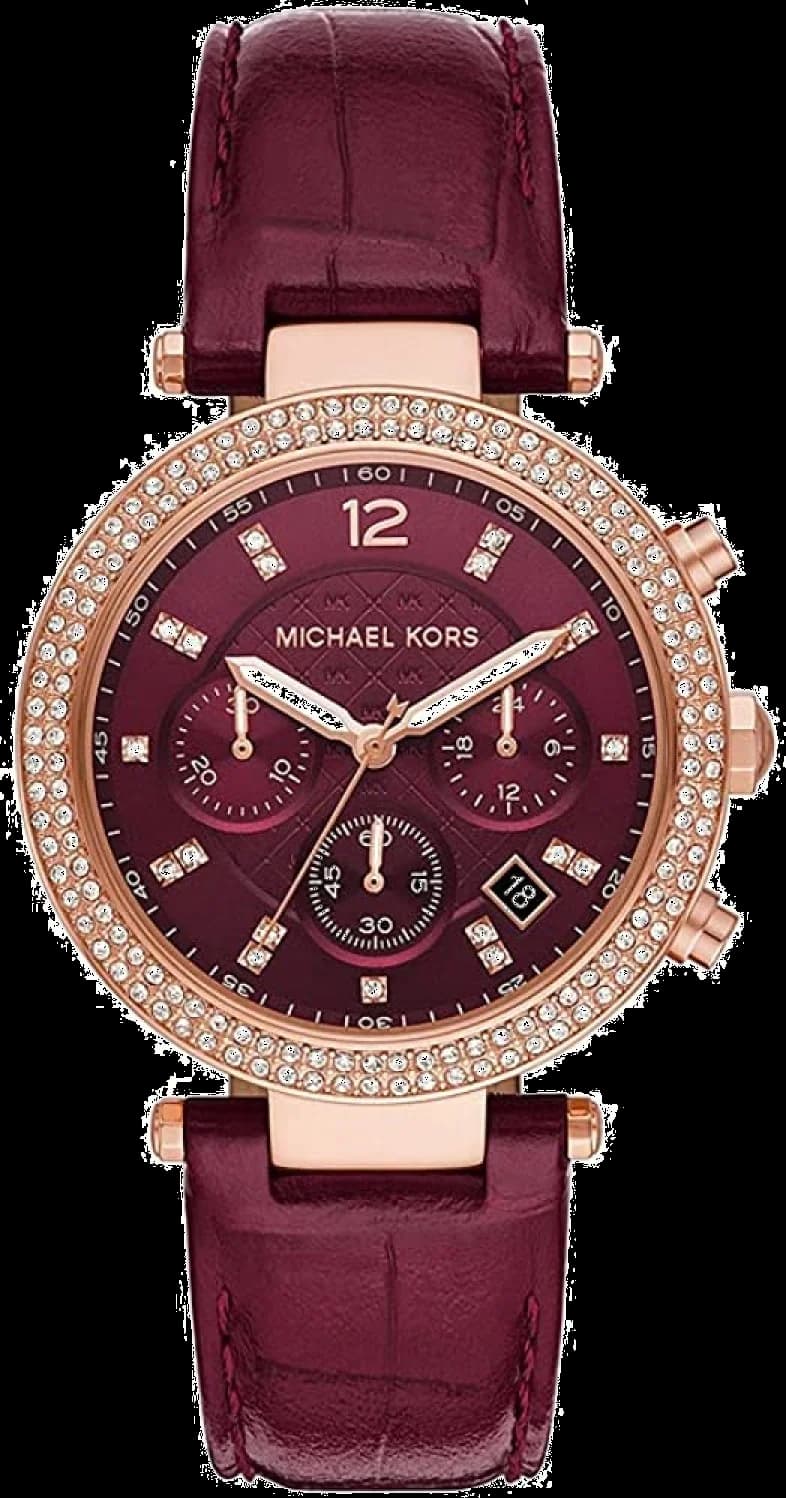Montre Femme Michael Kors Parker MK6986 en or, cadran rouge et bracelet cuir bordeaux