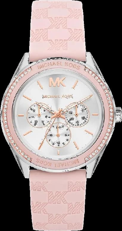 Montre Michael Kors MK7268 Jessa - Cadran argent multifonction, bracelet silicone rose gaufré - Pour femme