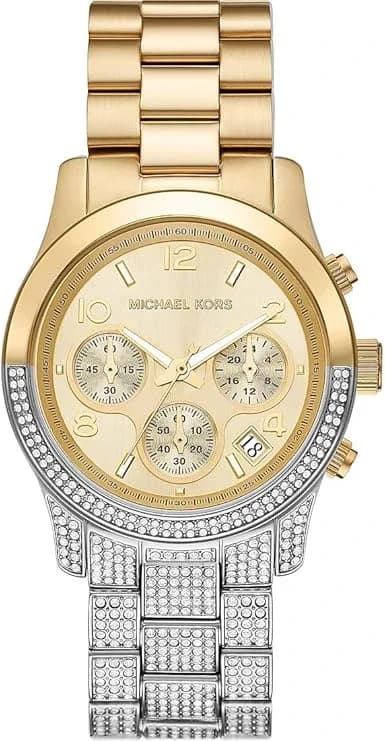 Garde-temps Michael Kors MK7329 avec cadran blanc guilloché, index dorés et aiguilles bicolores argent-doré, style chic polyvalent