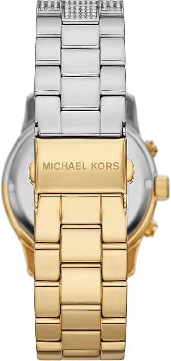 Visage cadran Michael Kors MK7329 affichant index appliqués dorés, aiguilles dauphine et compteurs chronographe à 6h, 9h et 12h