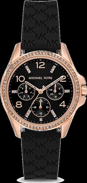 Montre Michael Kors MK7373 Mini Pilot - Chronographe Femme - Cadran Noir, Boîtier Or Rose, Bracelet Silicone Noir