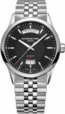 Garde-temps Raymond Weil 2720-ST-20021 avec cadran argenté soleillé et aiguilles bâton polies pour lisibilité optimale