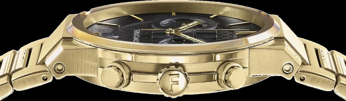 Attache bracelet Salvatore Ferragamo 611224 766037 en cuir noir texturé avec boucle déployante en acier IP or jaune, double surpiqûre contrastée