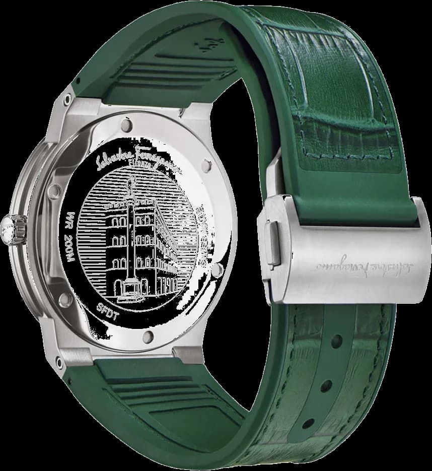Visage cadran Salvatore Ferragamo SFDT00119 aux index appliques polis et aiguilles Dauphine, date à 3h sur fond vert soleil