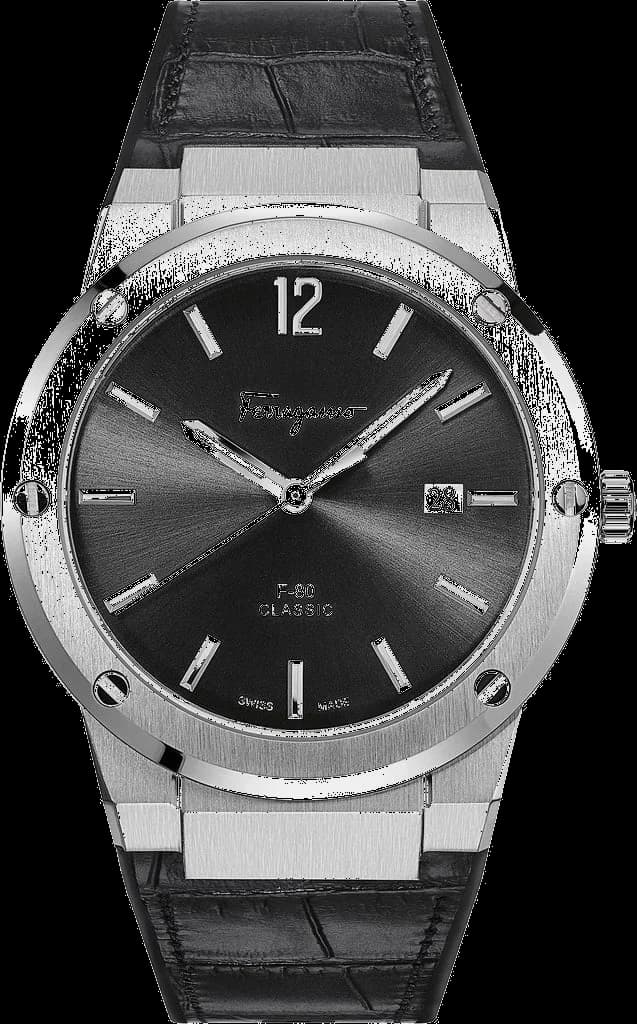 Montre Homme Salvatore Ferragamo F-80 Slim SFDT00219 - Boîtier Argent 42mm, Cadran Noir, Bracelet Cuir Crocodile Noir