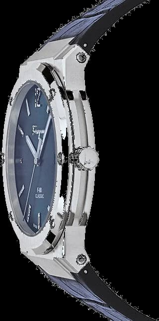 Visage cadran Salvatore Ferragamo SFDT00319 aux index bâton polis et aiguilles dauphine, guichet date à 3h pour complication pratique