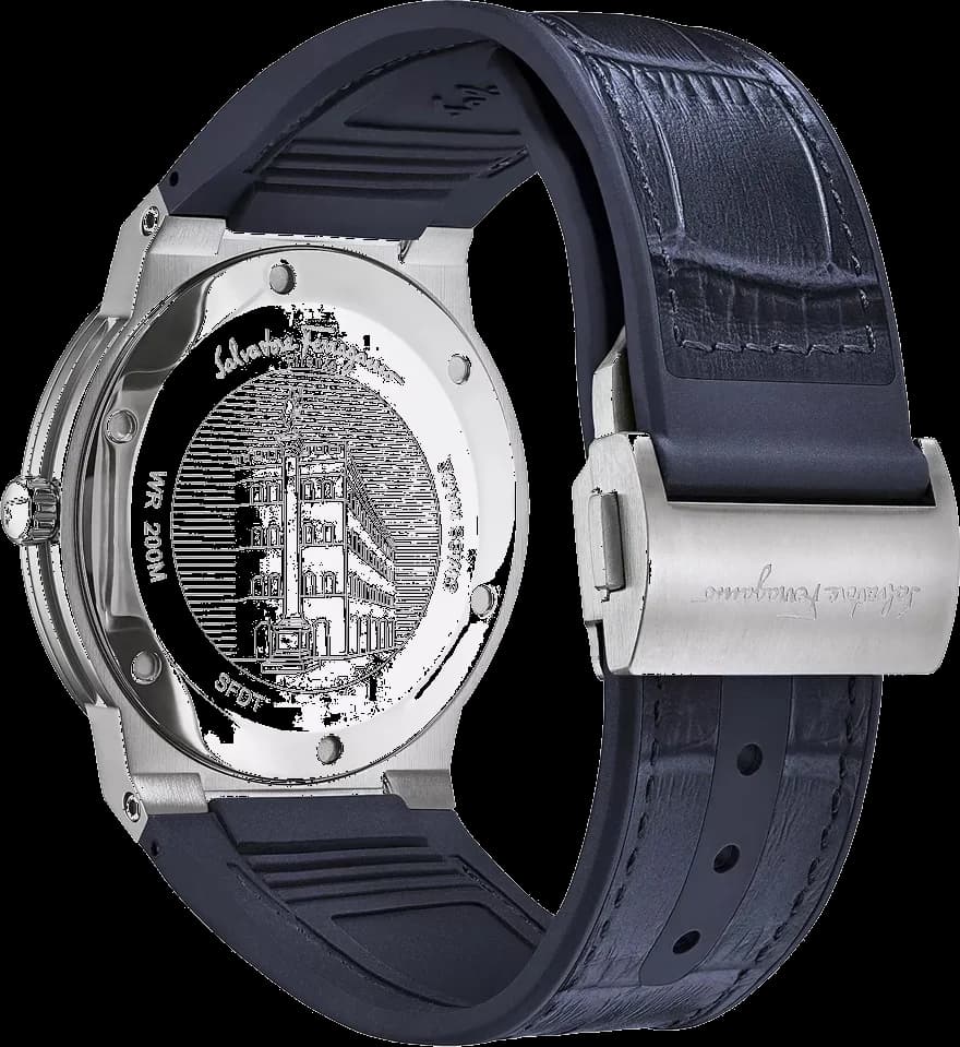 Attache bracelet Salvatore Ferragamo SFDT00319 en silicone noir effet crocodile, boucle ardillon en acier inoxydable gravée du logo Ferragamo