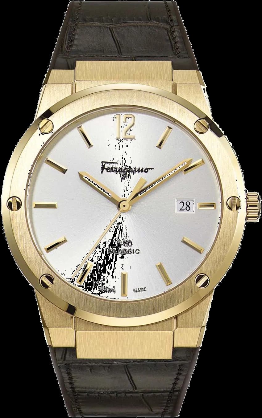 Montre Homme Salvatore Ferragamo SFDT00419, Boîtier Acier Or, Cadran Blanc, Bracelet Cuir Marron