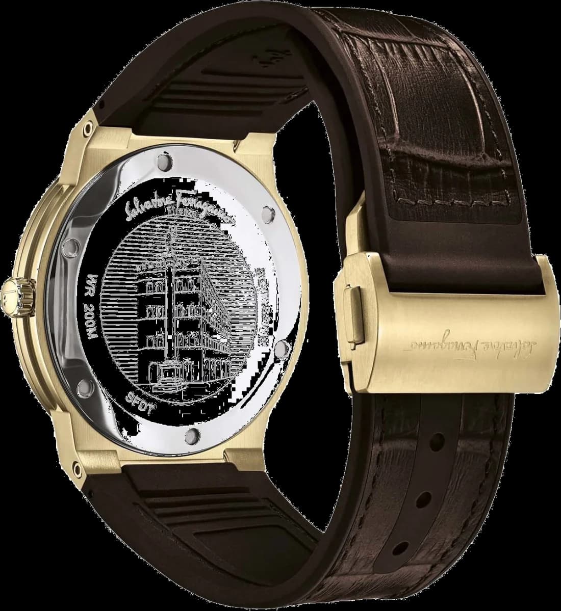 Visage cadran Salvatore Ferragamo SFDT00419 index romains et bâton, aiguilles dauphine, guichet date à 3h, finition soleillée