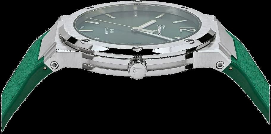 Visage cadran Salvatore Ferragamo SFDT00519 détail des index bâton rhodiés et guichet date à 3h, aiguilles fines pour lisibilité