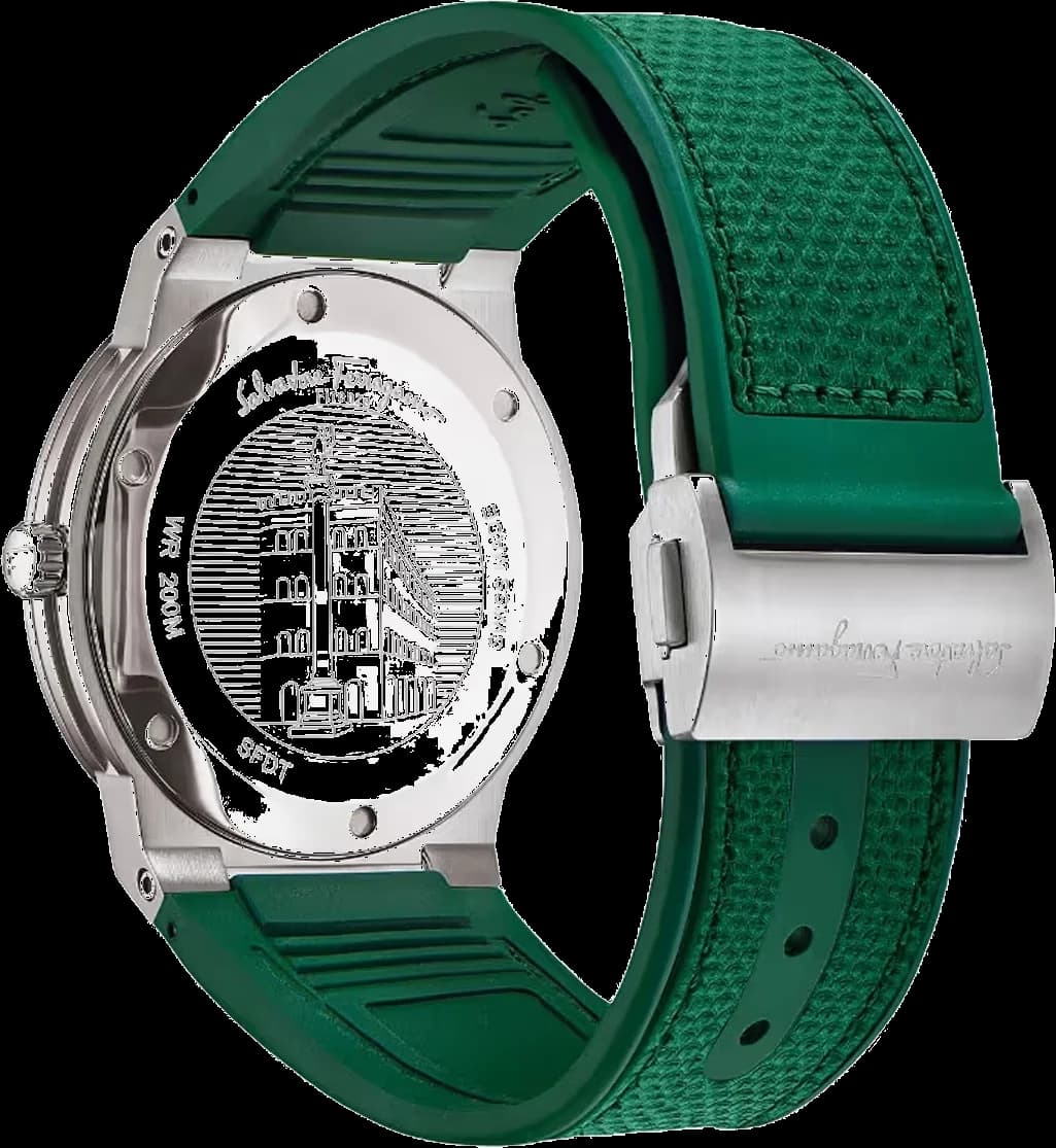 Attache bracelet Salvatore Ferragamo SFDT00519 en silicone vert texturé avec boucle ardillon en acier inoxydable, fermeture sécurisée