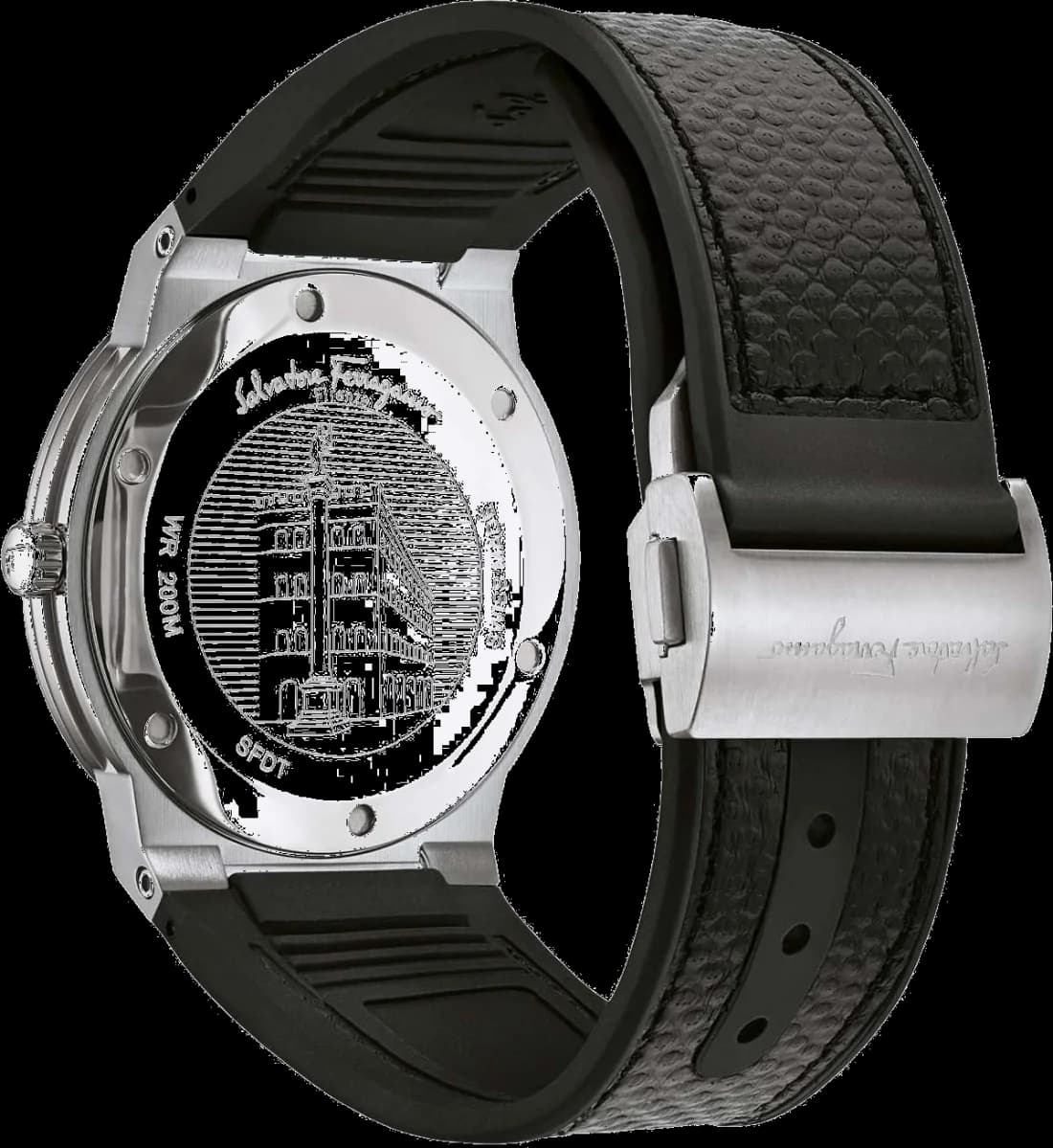 Visage cadran Salvatore Ferragamo SFDT00619 index bâtons polis et aiguilles dauphine, date à 3h, logo Ferragamo sous 12h