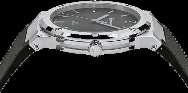 Attache bracelet Salvatore Ferragamo SFDT00619 en silicone noir texturé, boucle déployante acier gravée du logo Ferragamo