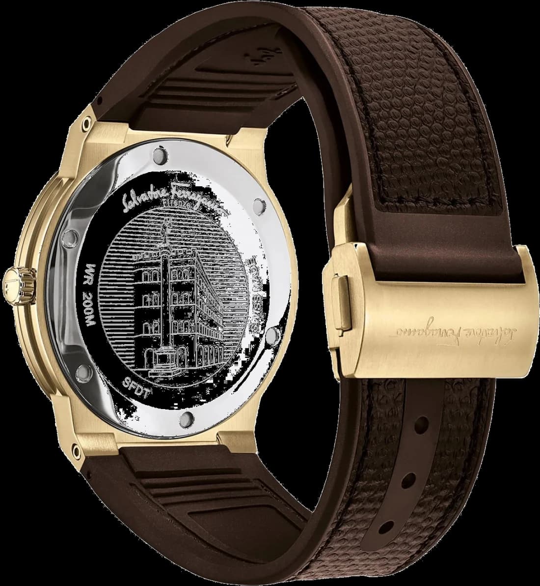Visage cadran Salvatore Ferragamo SFDT00819 avec index bâtons argentés et aiguilles facettées sur fond marron soleillé