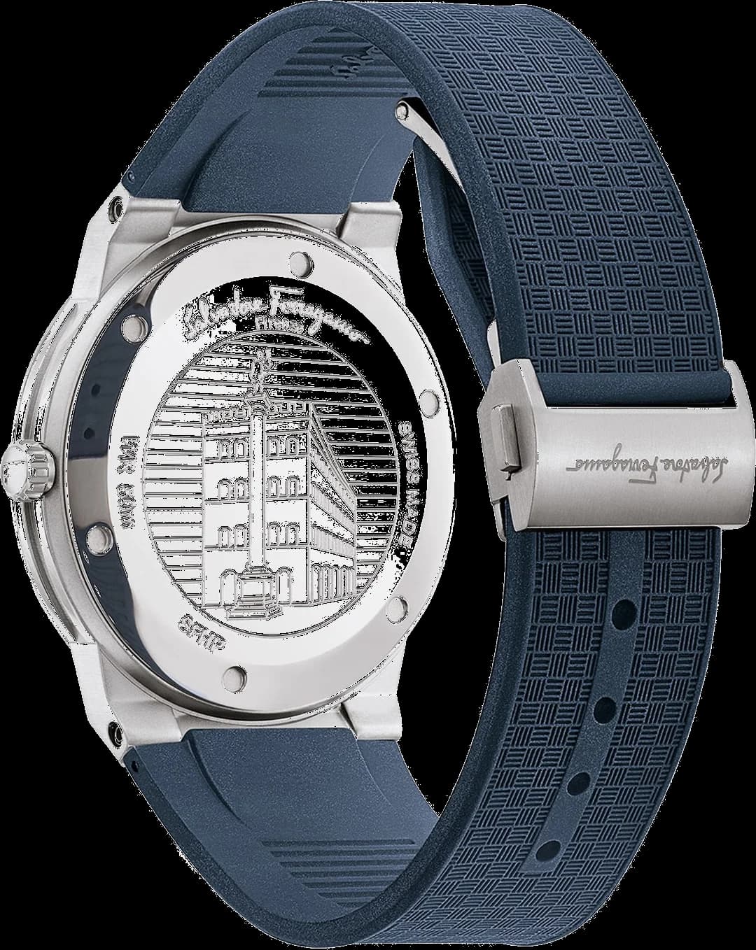 Visage cadran Salvatore Ferragamo SFHP00120 avec index bâtons argentés, aiguilles dauphine, guichet date à 3h sur fond bleu soleillé