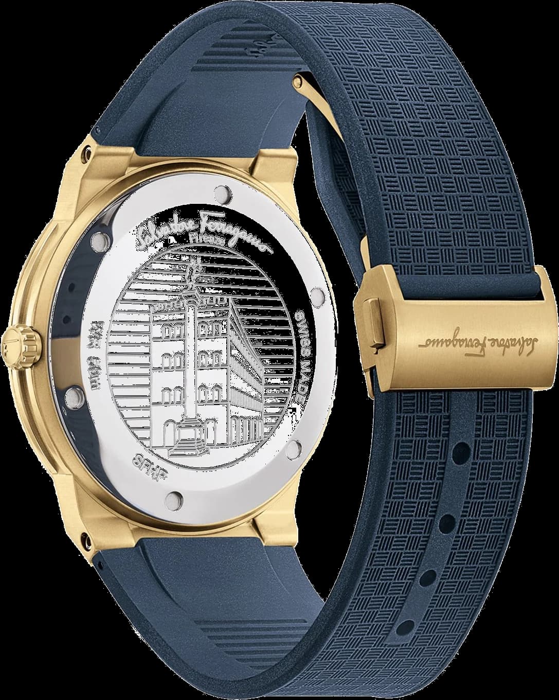 Visage cadran Salvatore Ferragamo SFHP00220 offrant un guichet date à 3h, aiguilles bâton et index bâton dorés sur fond bleu