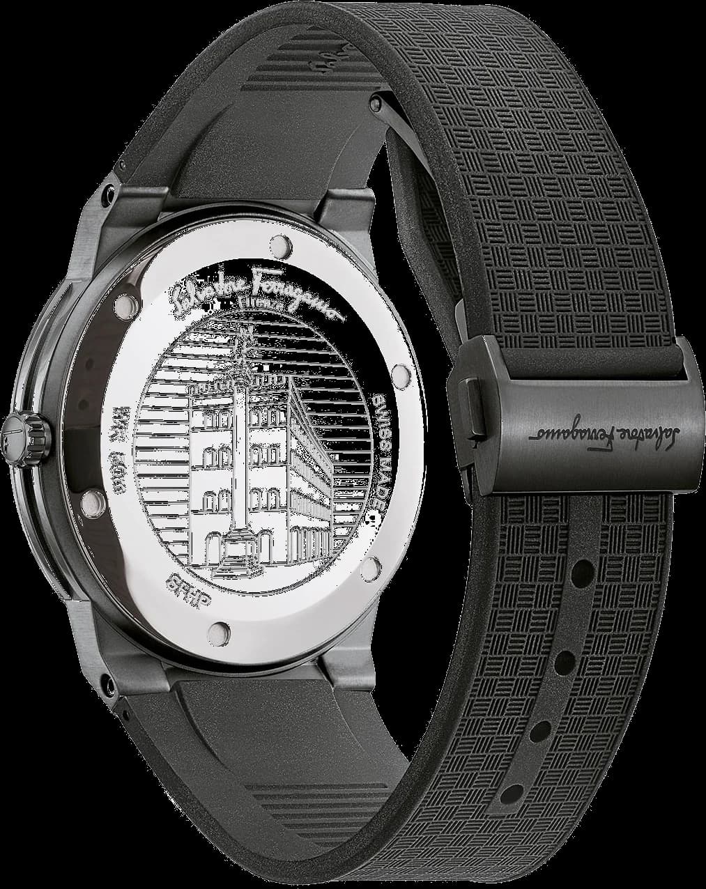 Visage cadran Salvatore Ferragamo SFHP00320 avec index bâtons polis, aiguilles dauphine, guichet date à 3h et motif guilloché central
