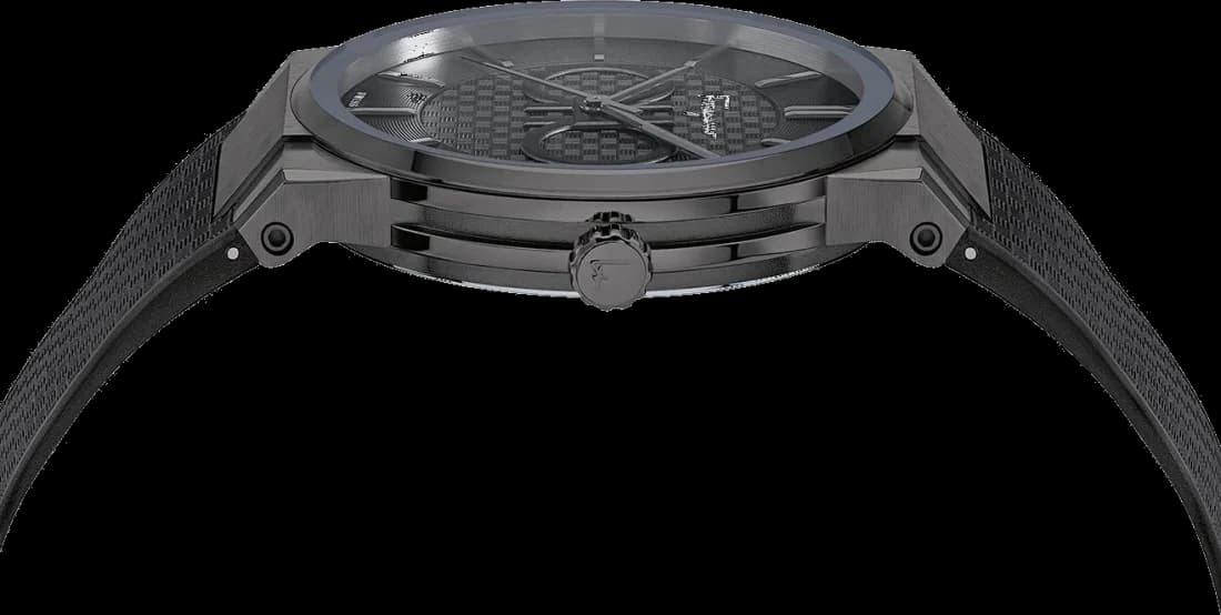 Attache bracelet Salvatore Ferragamo SFHP00320 en silicone noir texturé, boucle ardillon acier inoxydable gravée du logo Ferragamo