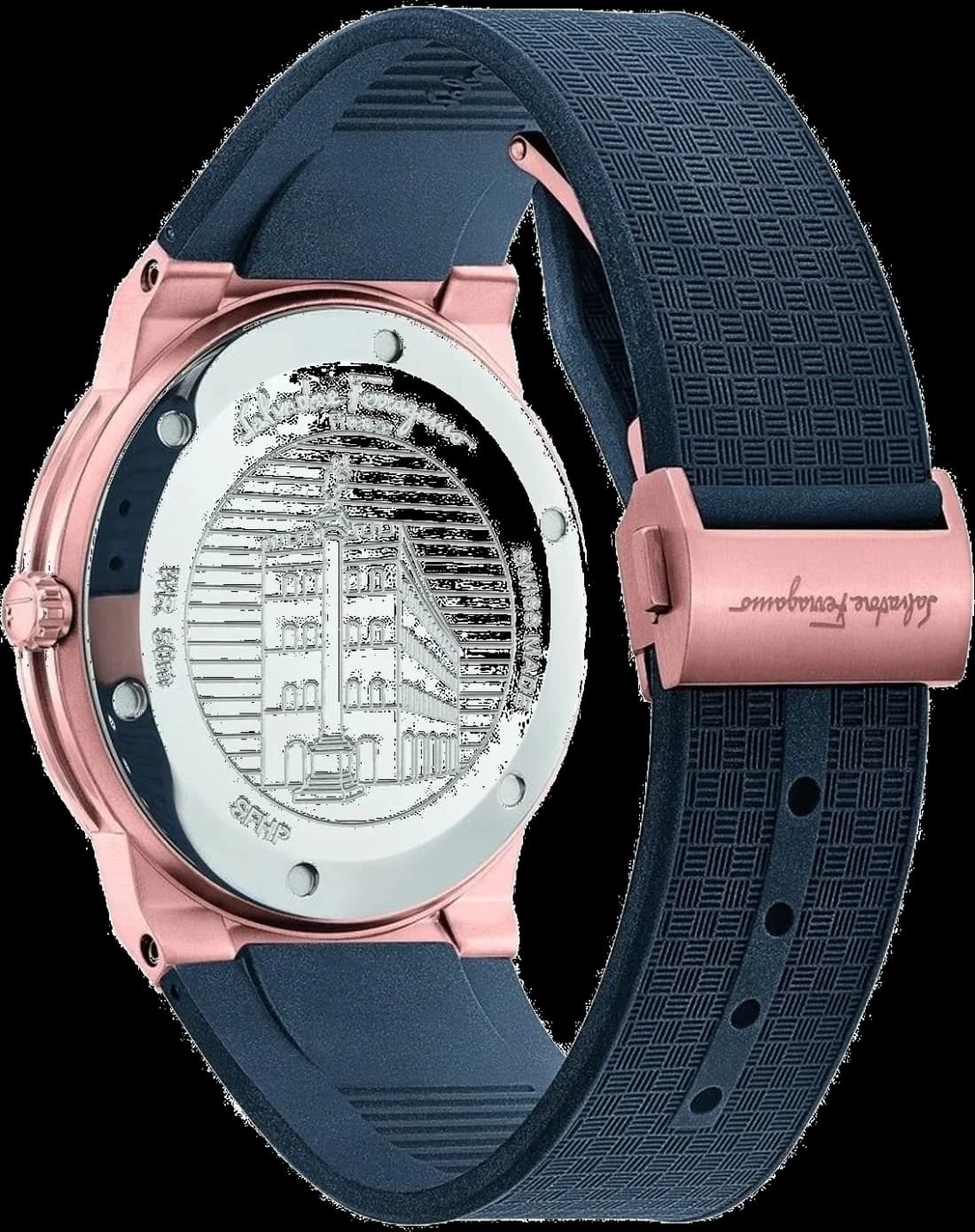 Attache bracelet Salvatore Ferragamo SFHP00420 en silicone noir texturé avec boucle déployante acier rose gold PVD