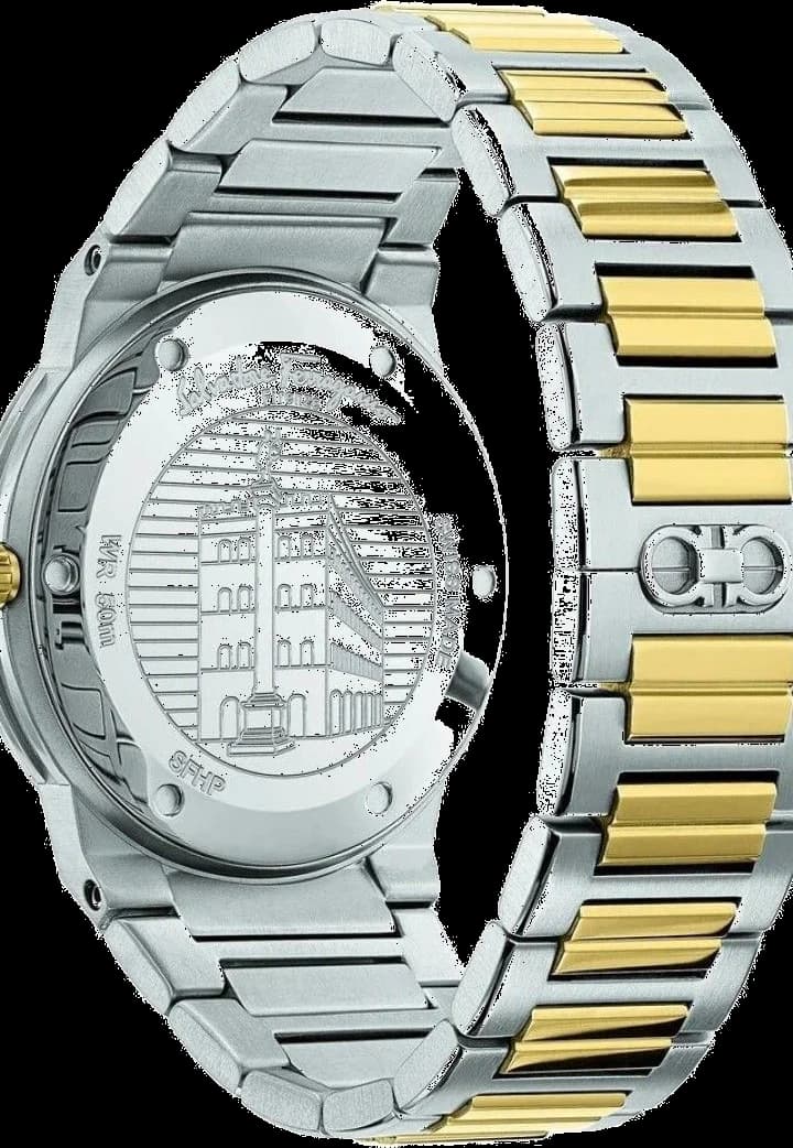 Visage cadran Salvatore Ferragamo SFHP00520 avec index appliqués en acier bicolore, aiguilles bicolores et logo Ferragamo à 12h