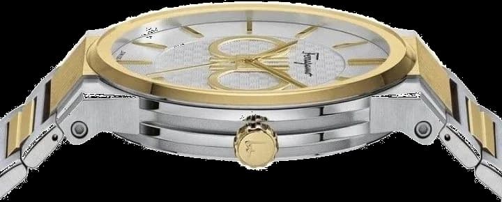 Attache bracelet Salvatore Ferragamo SFHP00520 en acier bicolore maillons mixtes, fermoir déployant signé Ferragamo, finition brossée et polie