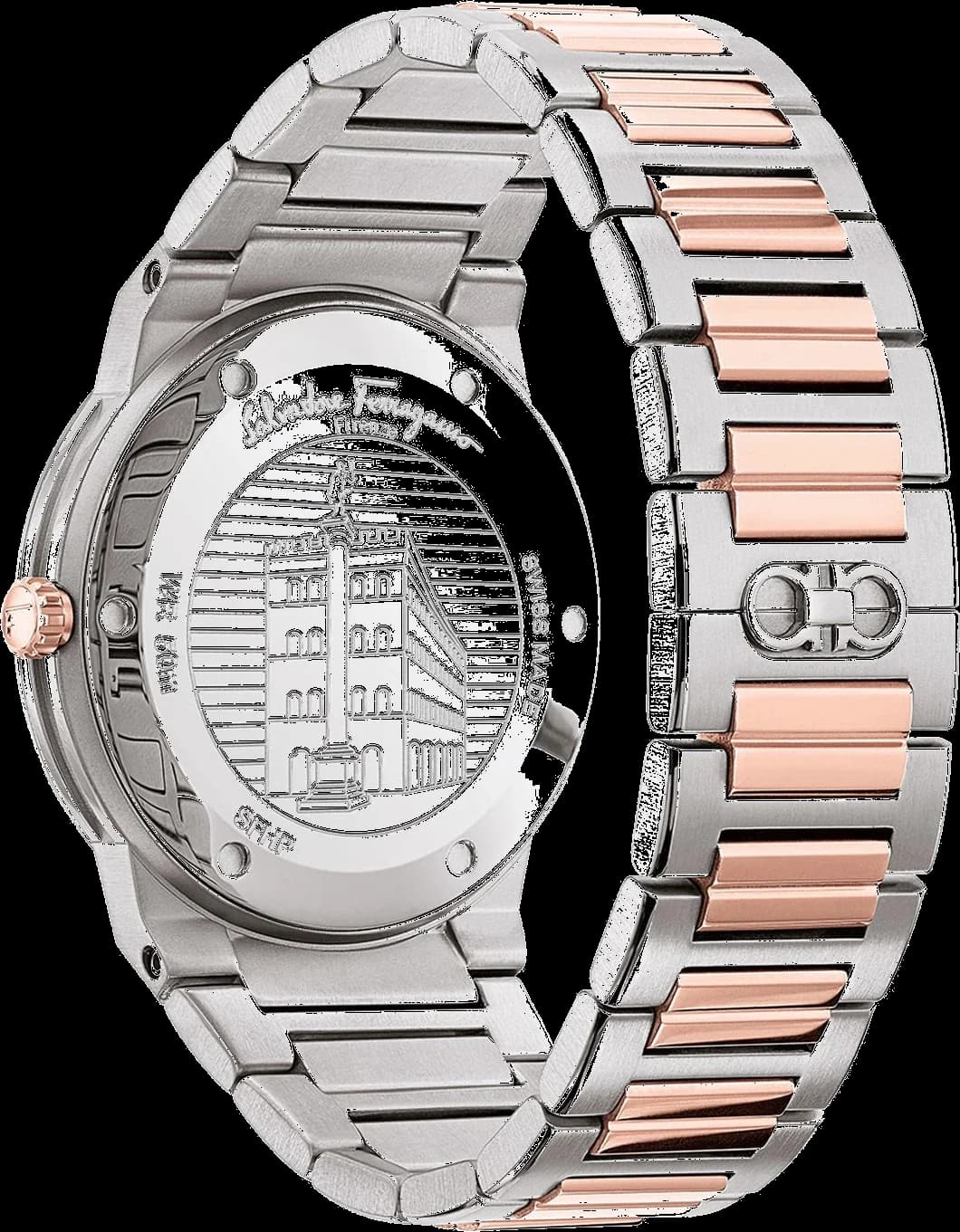 Visage cadran Salvatore Ferragamo SFHP00720 détail des aiguilles dauphine polies et index bâtons argentés sur fond bleu