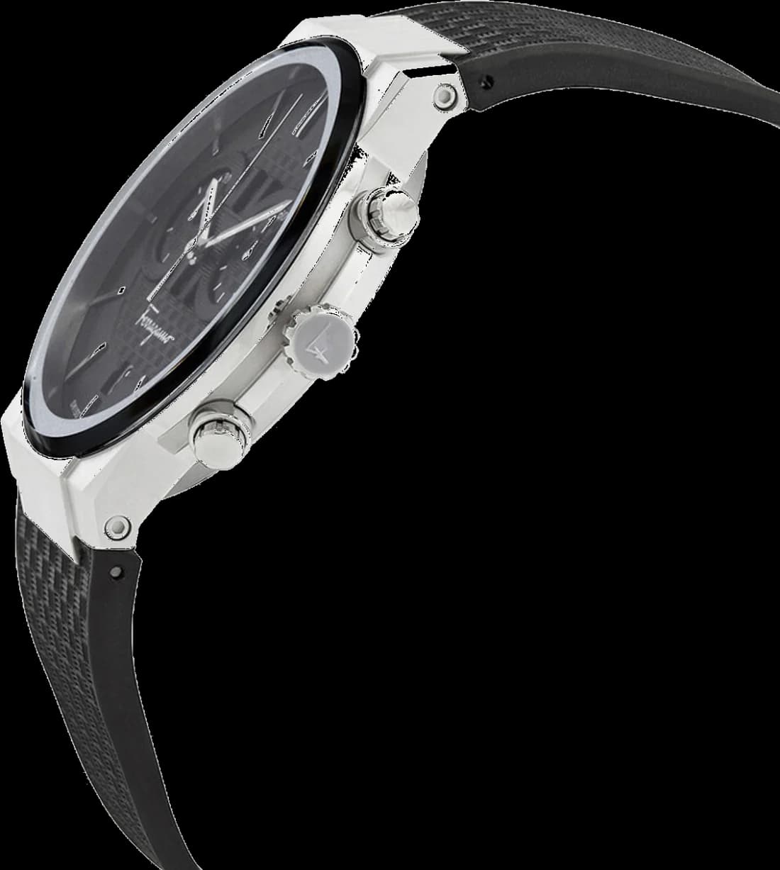 Visage cadran Salvatore Ferragamo SFME00121 index bâtons appliqués aiguilles squelette date à 4h30 mouvement quartz chronographe 1/10e seconde