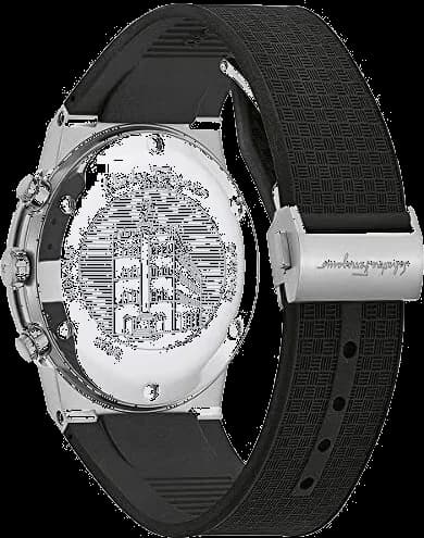 Attache bracelet Salvatore Ferragamo SFME00121 silicone noir grainé boucle ardillon acier inoxydable gravure Ferragmo logo patch cousu
