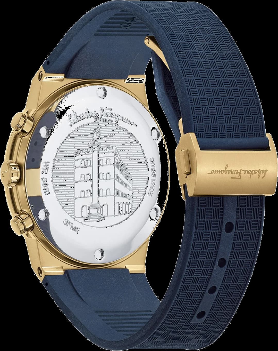 Visage cadran Salvatore Ferragamo SFME00221 détail des index appliqués dorés sur fond bleu, compteur 60 secondes et date à 4h30