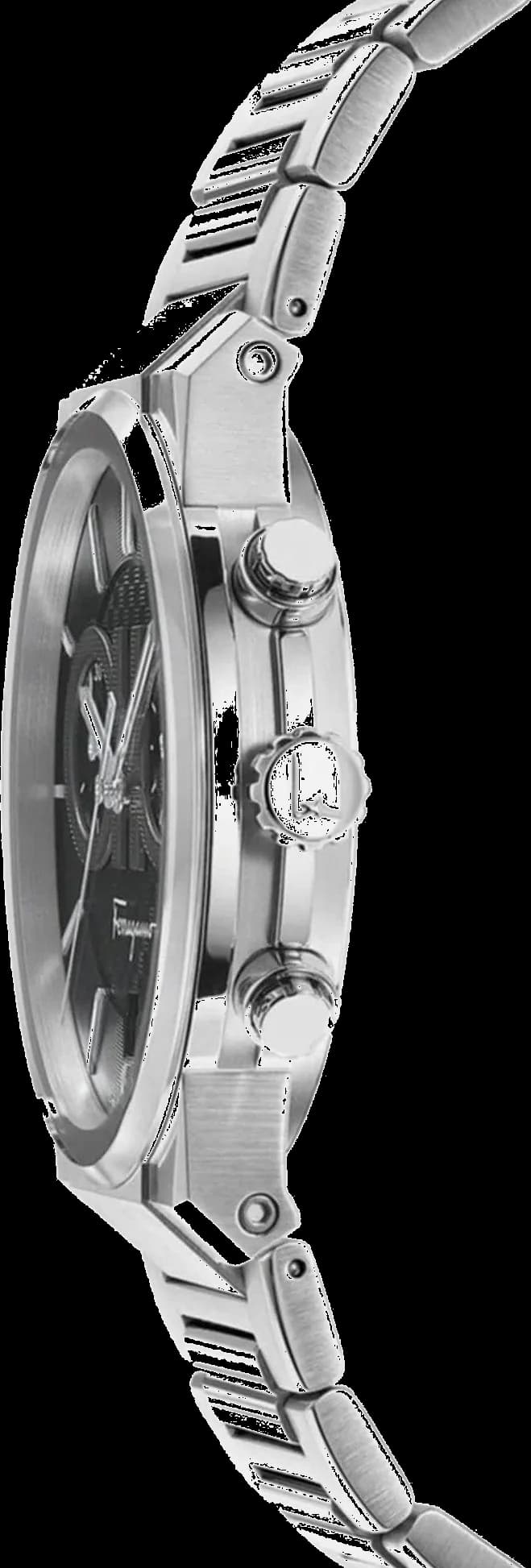 Visage cadran Salvatore Ferragamo SFME00321 avec index bâtons appliqués polis, aiguilles dauphine et guichet date à 4h30 sur fond noir mat