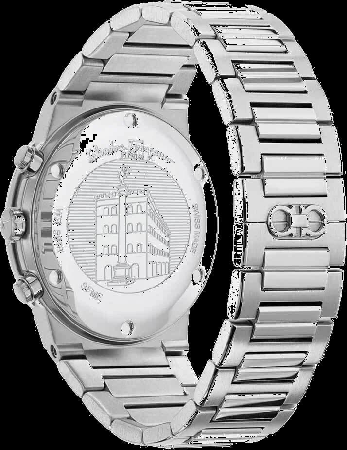Attache bracelet Salvatore Ferragamo SFME00321 en acier inoxydable brossé et poli avec fermoir déployant double sécurité et poussoirs chronographe