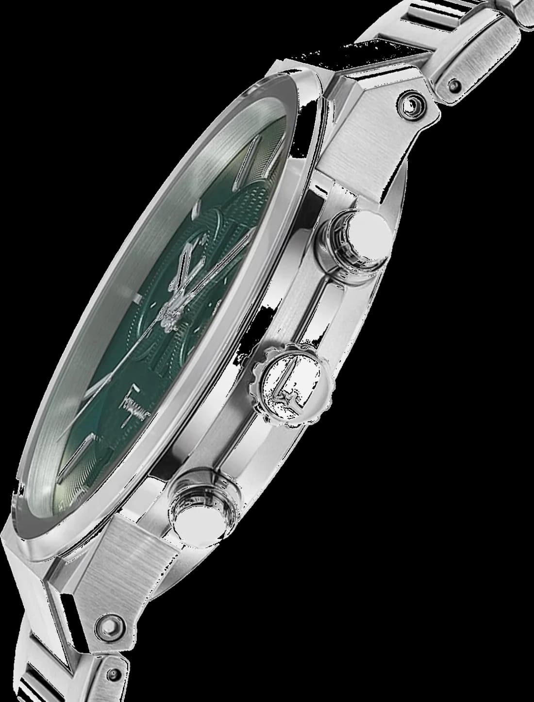 Attache bracelet Salvatore Ferragamo SFME00421 en acier inoxydable à maillons polis, sécurisé par un fermoir déployant double bouton-poussoir