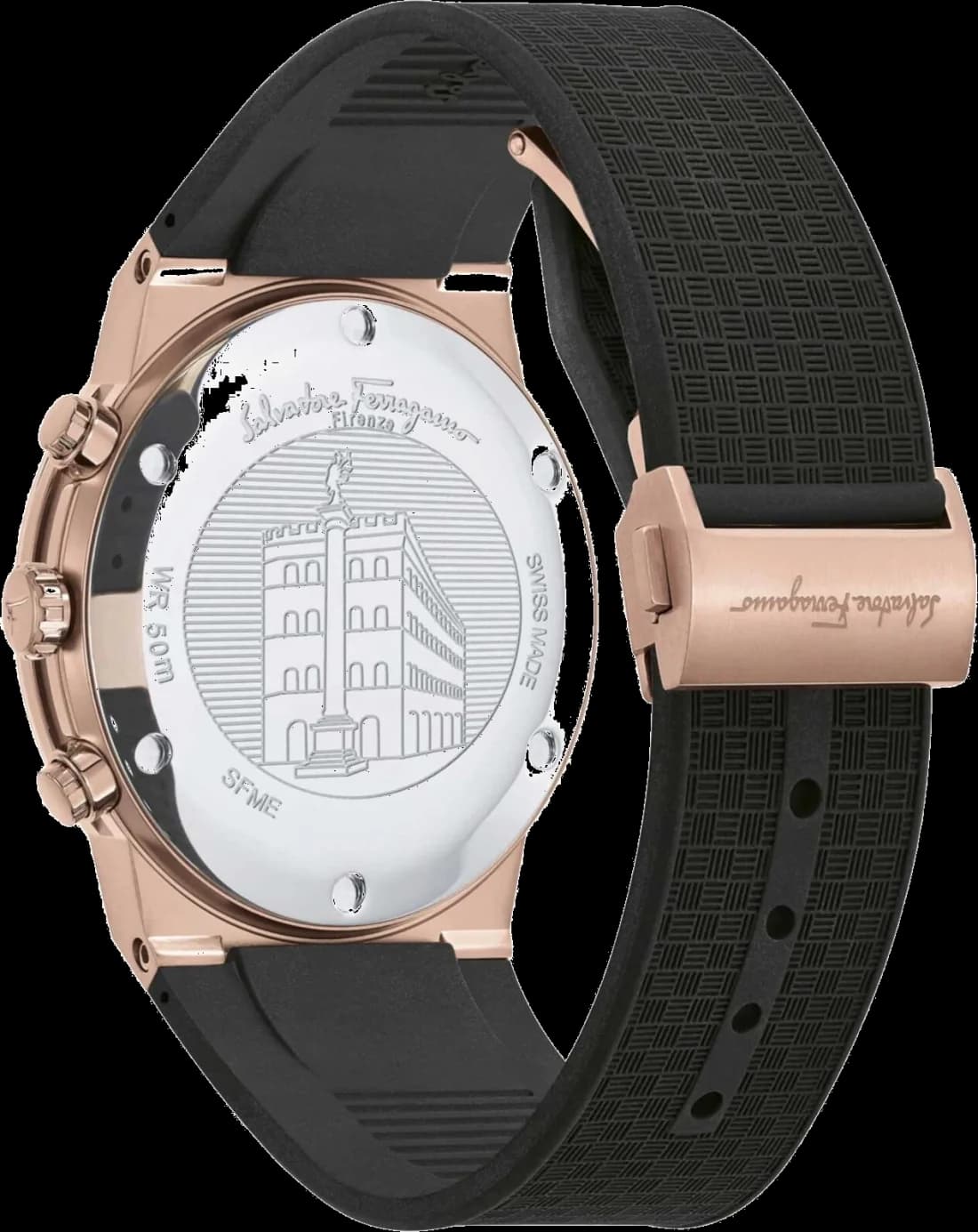 Attache bracelet Salvatore Ferragamo SFME00721 en silicone noir texturé, boucle déployante acier PVD or rose, confort et durabilité