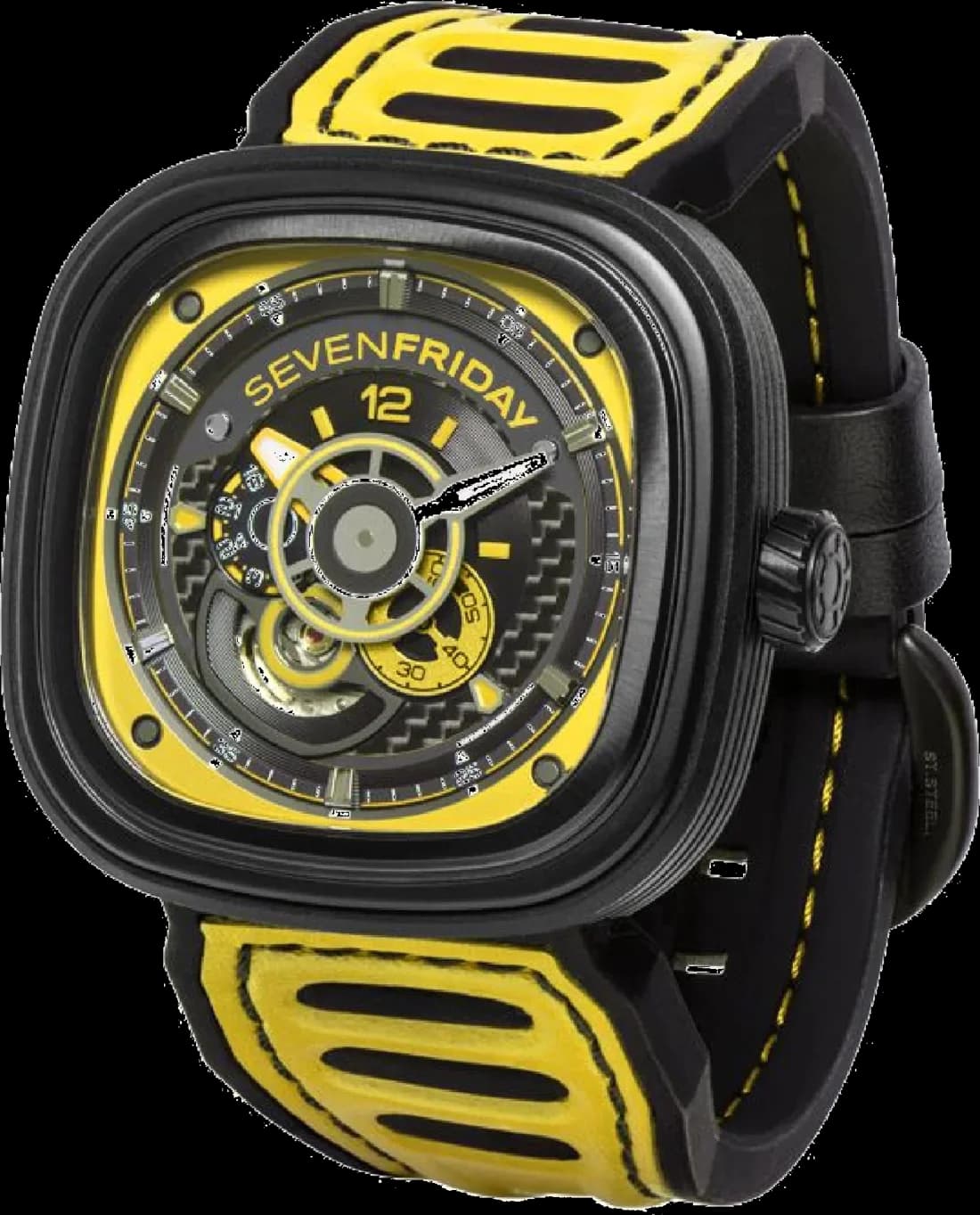 Visage cadran Sevenfriday P3B/03 avec index bâtons blancs, aiguilles jaunes et compteur 24h sur fond noir texturé
