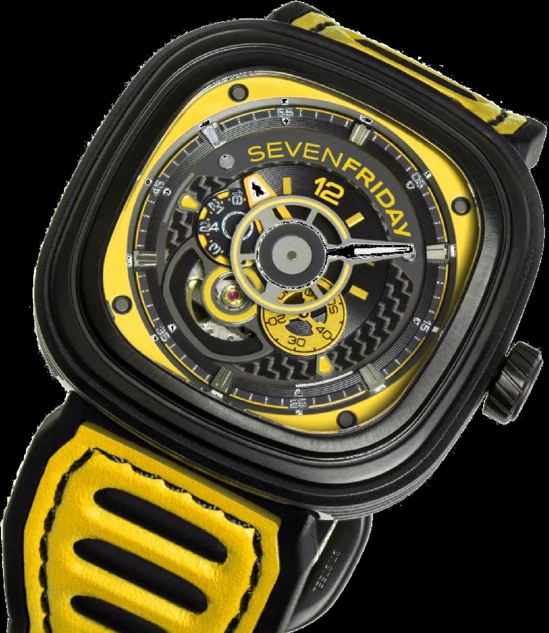 Lunette boîtier Sevenfriday P3B/03 tonneau en bronze PVD, lunette noire vissée, verre bombé et couronne siglée