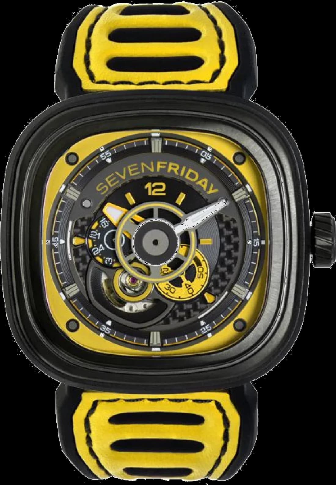 Montre Homme Sevenfriday P3B/03 Racing Team - Boîtier Bronze PVD Noir, Cadran Multicolore, Bracelet Cuir Jaune