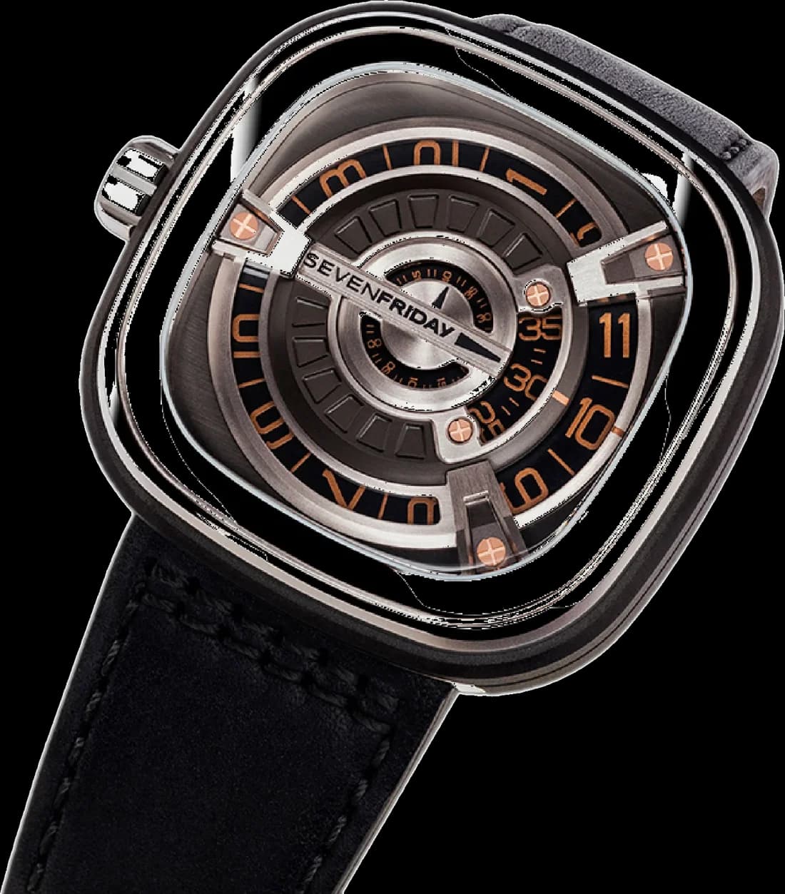 Attache bracelet Sevenfriday M1/03 en cuir noir cousu main avec boucle ardillon acier poli et surpiqûres blanches