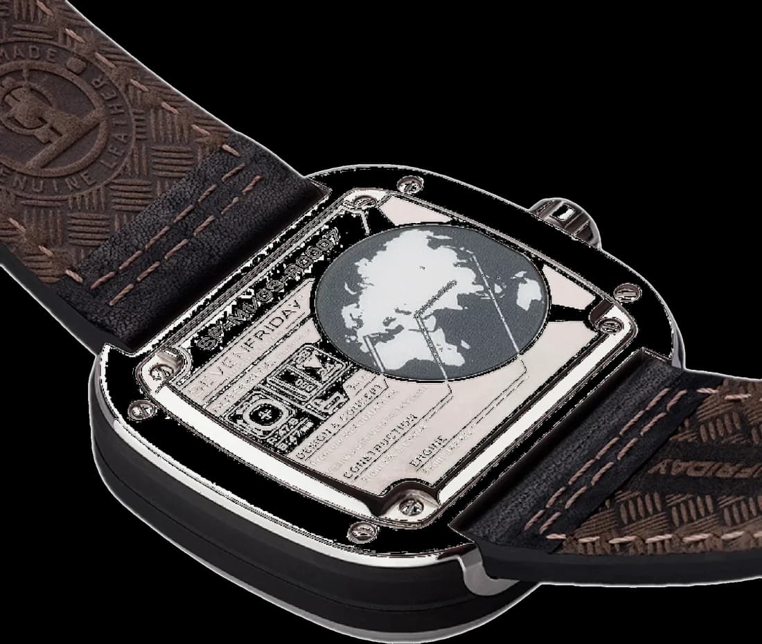 Lunette boîtier Sevenfriday M1/03 carrée en acier poli miroir, profil épais et couronne vissée, verre minéral