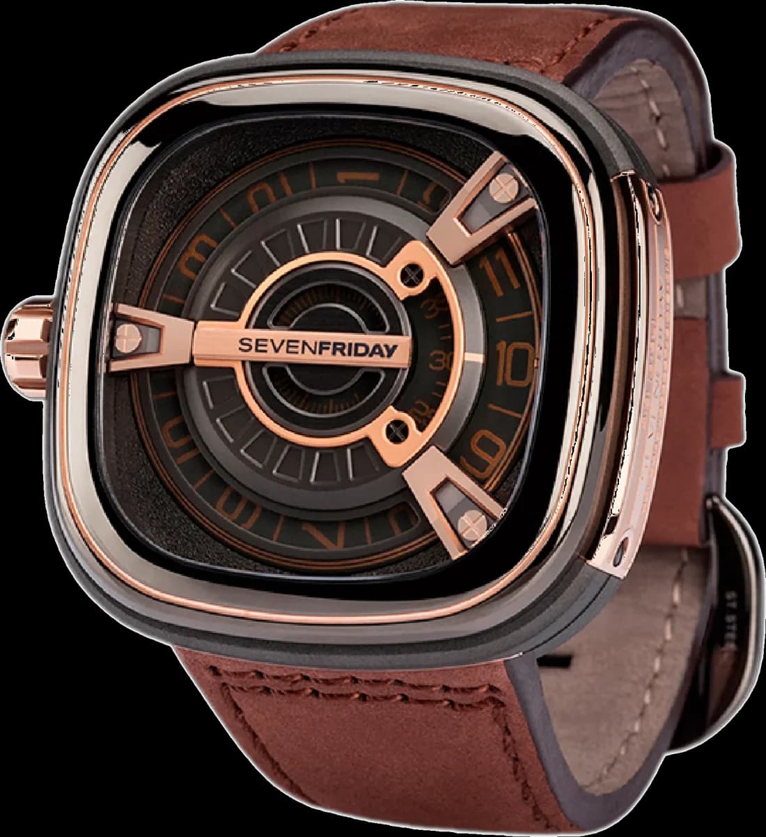 Visage cadran Sevenfriday M2/02 index bâtons argentés, aiguilles squelette Super-LumiNova, guichet date à 3h, complication jour à 9h