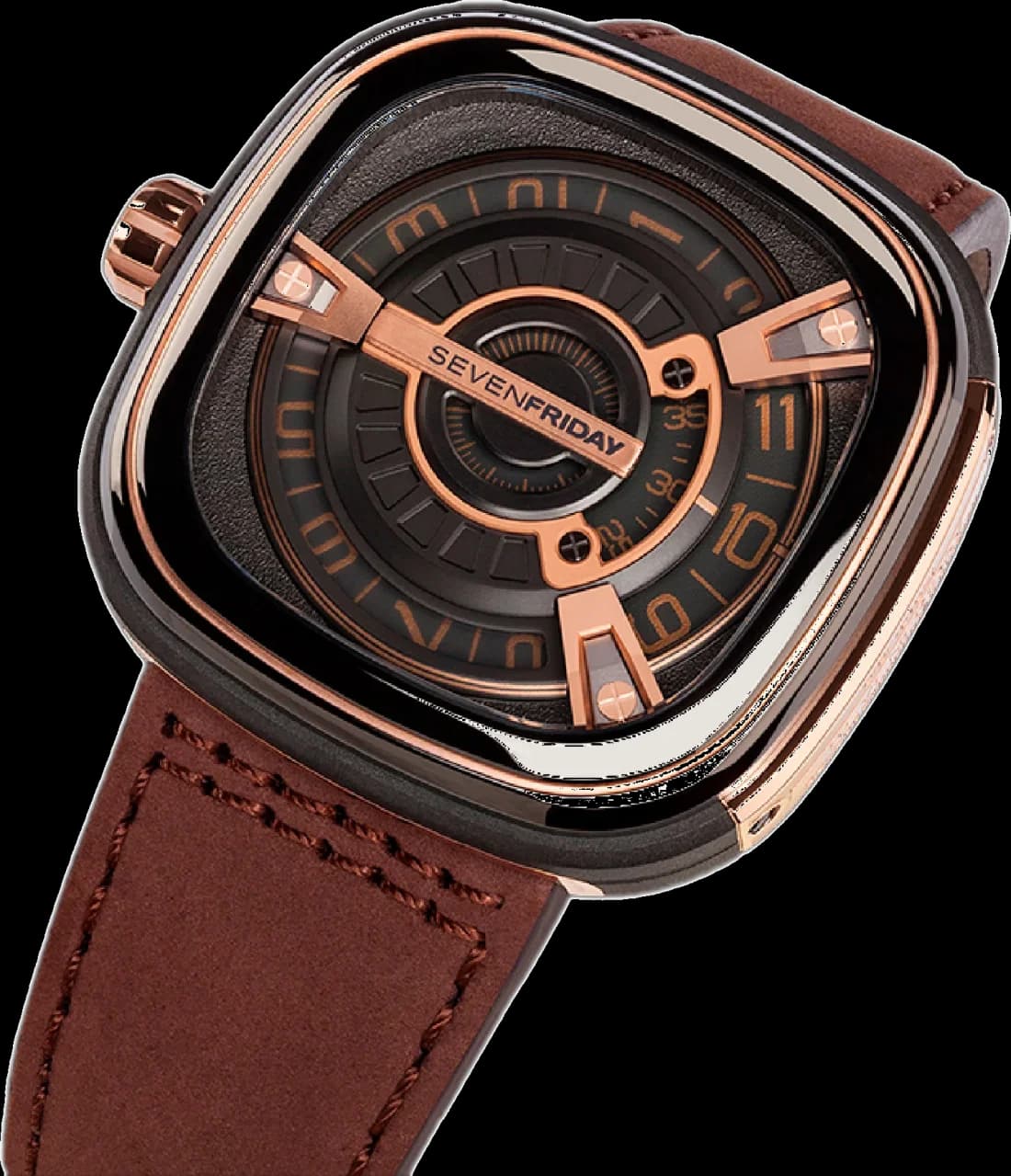 Montre Homme Sevenfriday M2/02 Automatique - Boîtier Acier PVD Or Rose, Cadran 47mm, Bracelet Cuir Marron vue 5